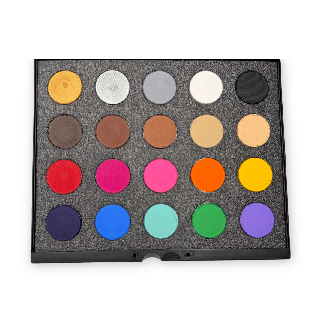 FAB 20 Color Face Paint Palette – Master Palette featuring twenty 16g water-activated face paints with metallics, skin tones, essential colors, and vibrant shades in a reusable professional palette.