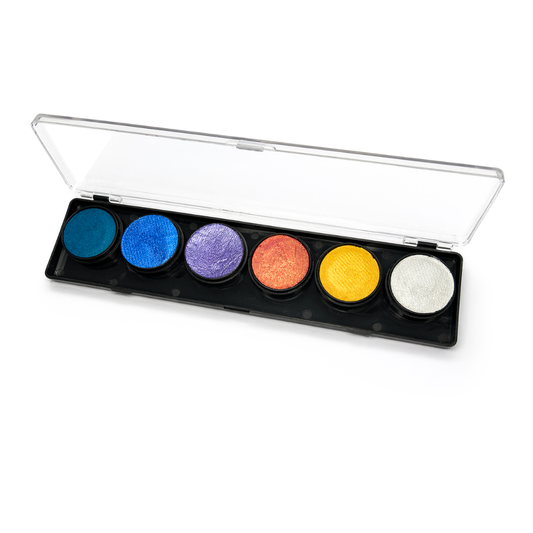 Colorful shimmer face paint palette with six shades on a white background