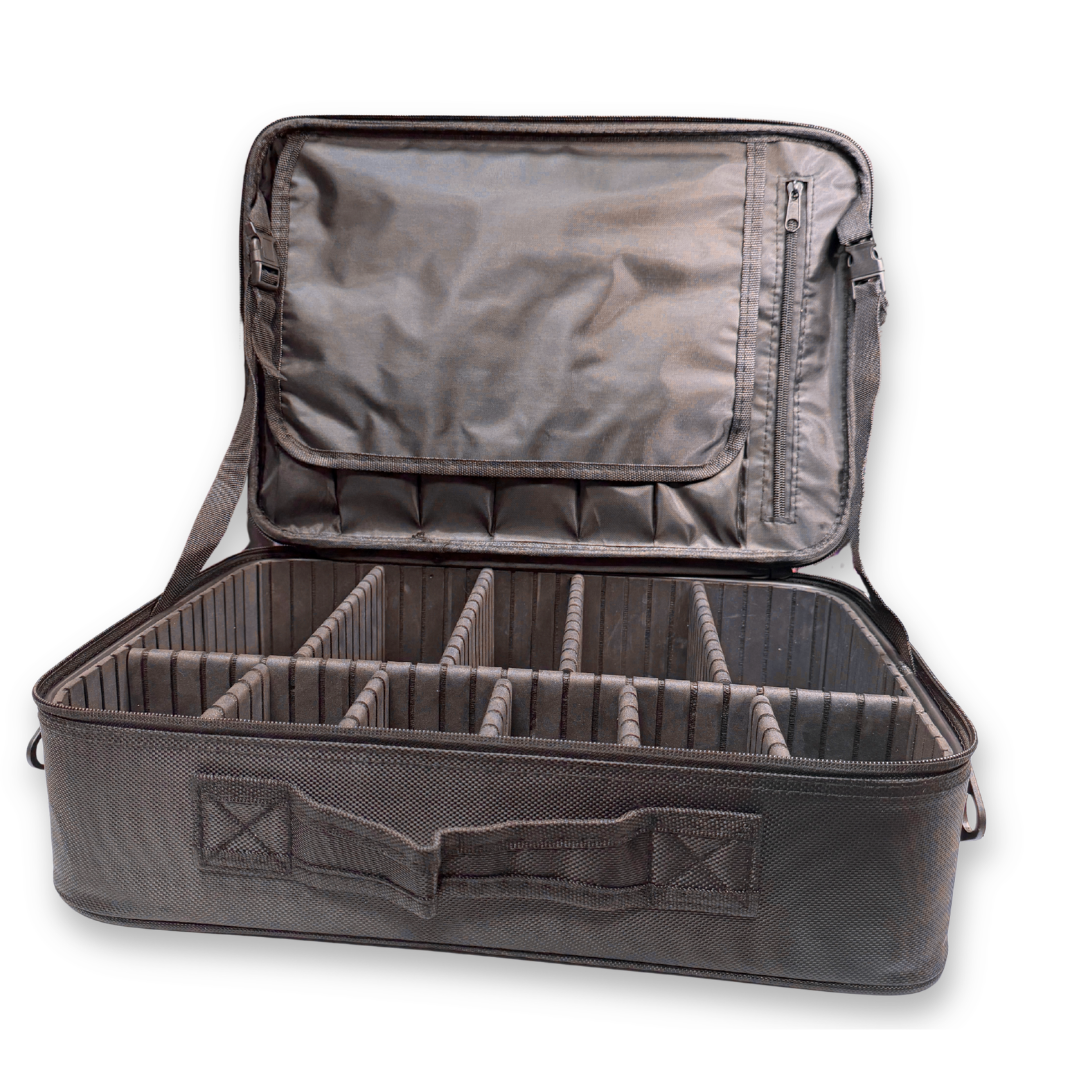 Open SillyFarm Face Paint N' Go Case with 10 adjustable divider panels creating customizable storage compartments.