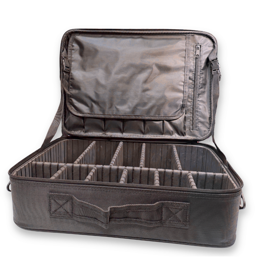 Open SillyFarm Face Paint N' Go Case with 10 adjustable divider panels creating customizable storage compartments.