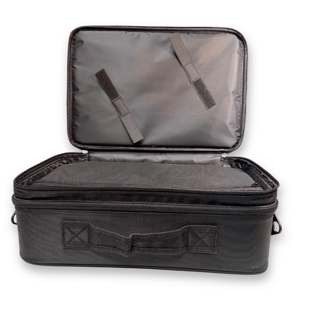 Interior lid of the SillyFarm Face Paint N' Go Case featuring brush holders, storage flap, and zippered accessory pocket.