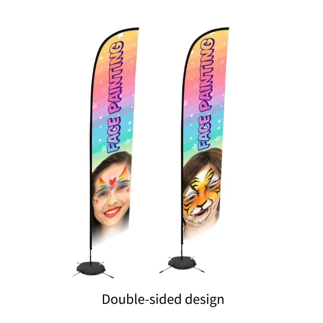 Double-sided Face Painting event flag banner featuring colorful face painting artwork on both sides. Display shown assembled with pole, base, and water weight bag.