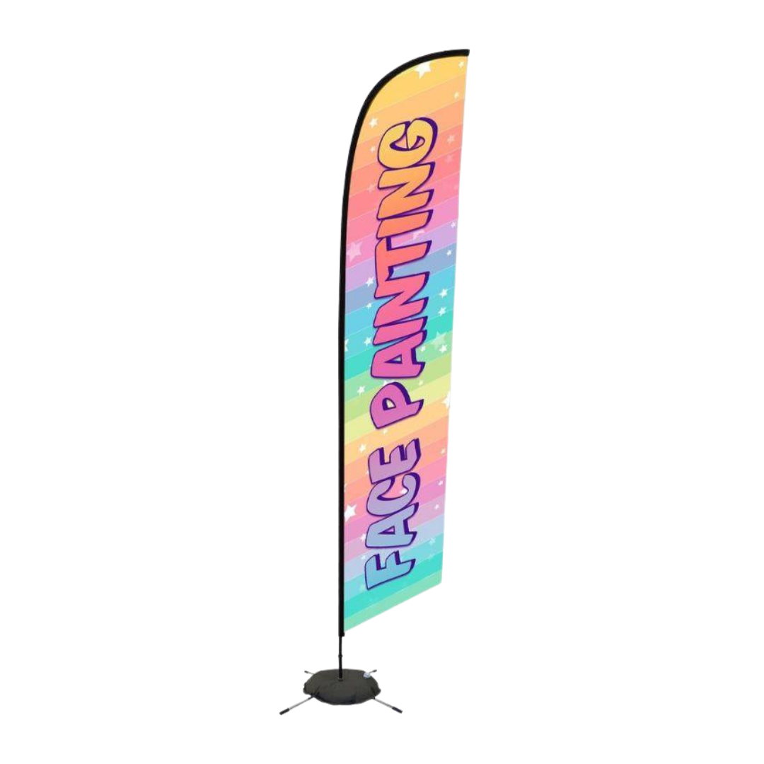 Pastel rainbow Face Painting event flag banner featuring bold vertical "Face Painting" text. Display shown assembled with pole, base, and water weight bag.