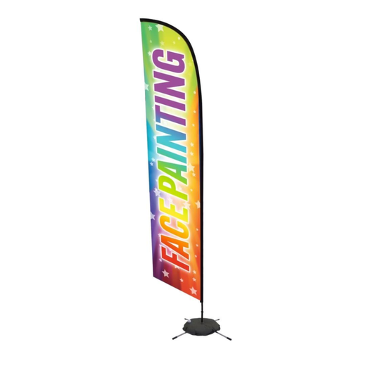 Rainbow Face Painting event flag banner featuring bold vertical lettering on a bright rainbow background with stars. Display shown assembled with pole, base, and water weight bag.