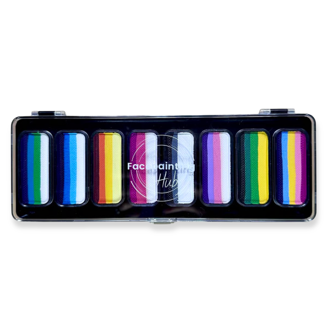 Facepainting Hub Everyday One Stroke Face Paint Palette with eight 14g multicolor one stroke pans in a black reusable case.