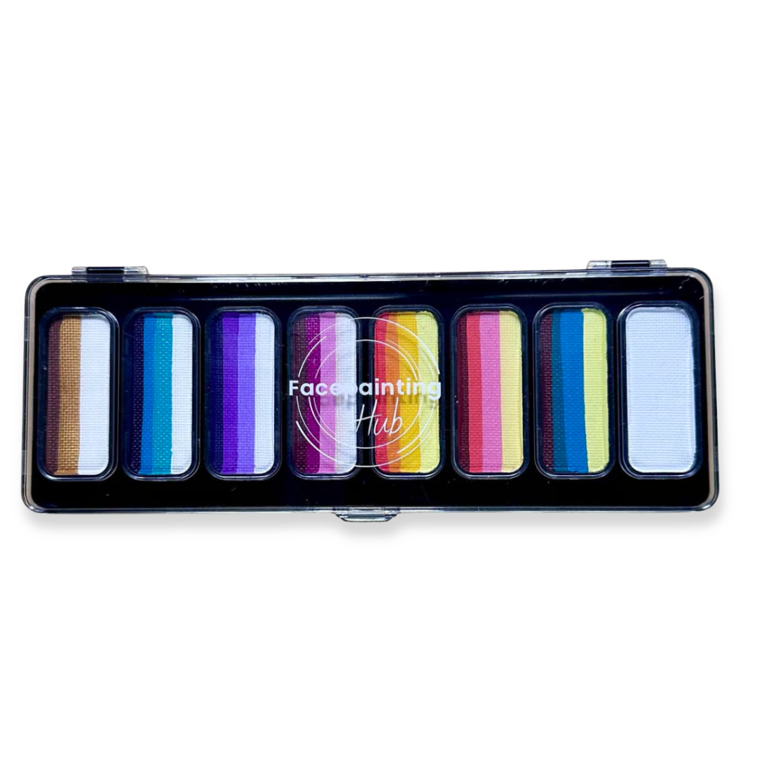 Facepainting Hub Secret Garden One Stroke Face Paint Palette featuring eight 14g multicolor face paint pans in a black reusable case.