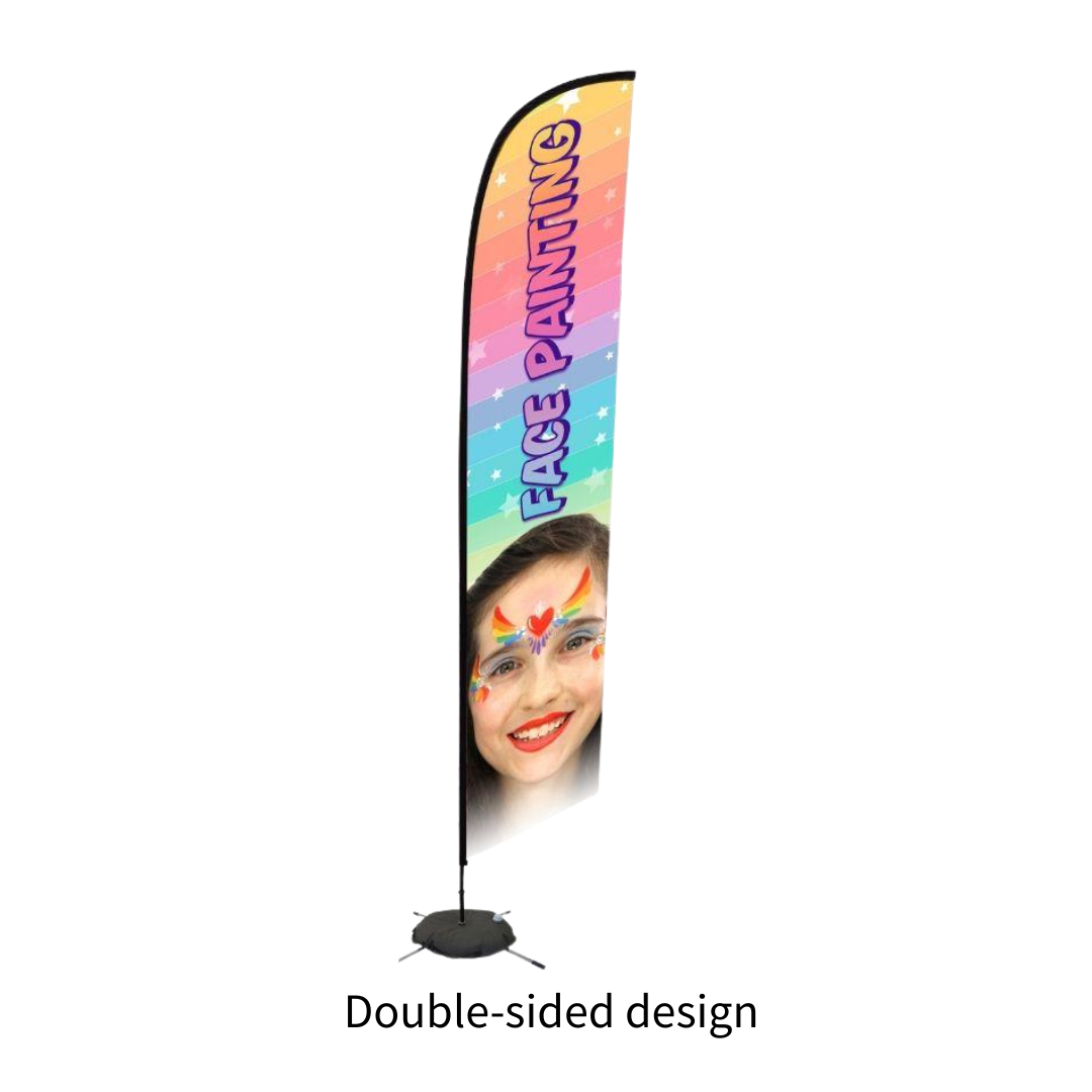 A feather-style promotional flag on a black pole and base, printed with a rainbow gradient, the words 'FACE PAINTING,' and a partial face illustration. The image is on a white background with the text 'Double-sided design' below.