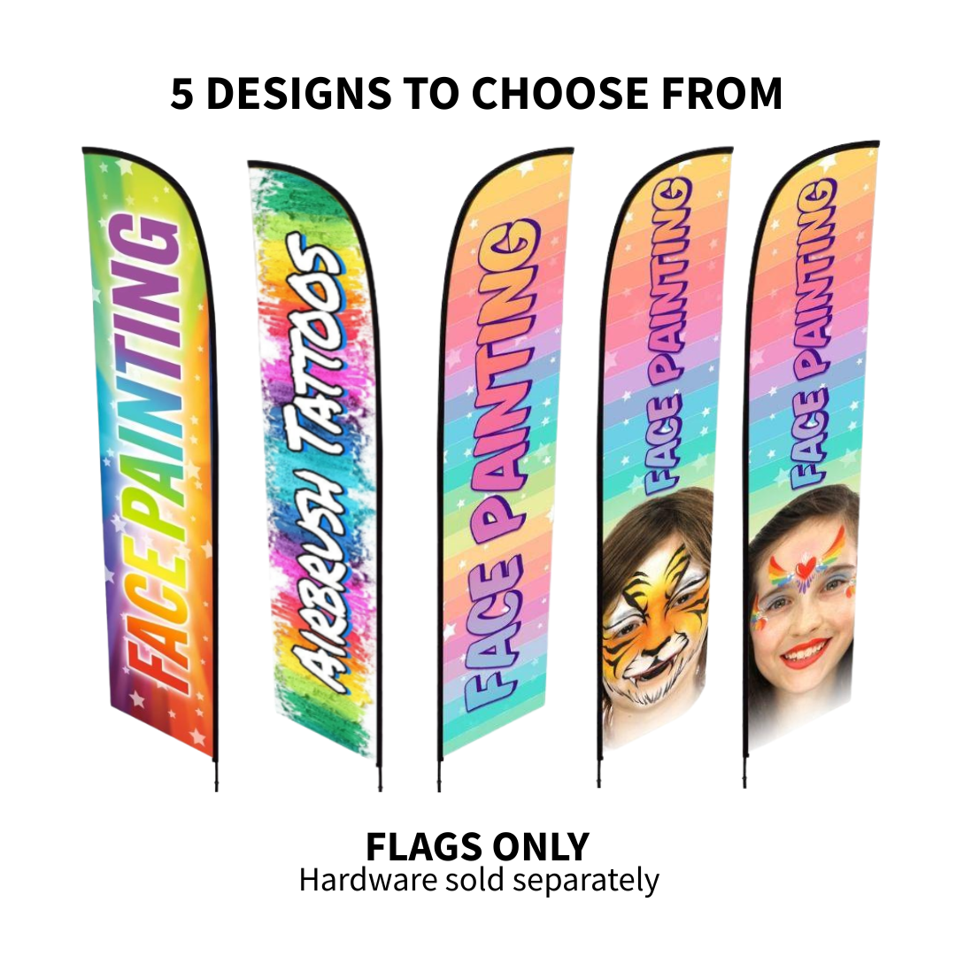 Six colorful feather flags shown on a white background with text reading '5 DESIGNS TO CHOOSE FROM' and 'FLAGS ONLY Hardware sold separately.' The flags feature face-painting and tattoo-themed designs in bright rainbow gradients.