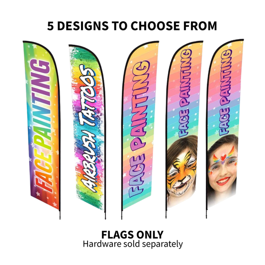 Six colorful feather flags shown on a white background with text reading '5 DESIGNS TO CHOOSE FROM' and 'FLAGS ONLY Hardware sold separately.' The flags feature face-painting and tattoo-themed designs in bright rainbow gradients.