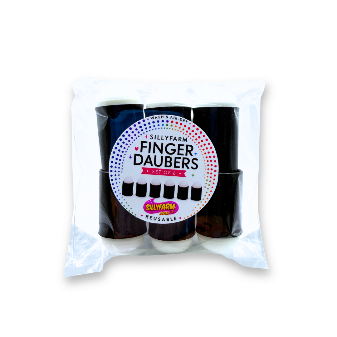 A pack of four reusable Silly Farm Finger Daubers in a clear plastic bag with a white circular label in the center.