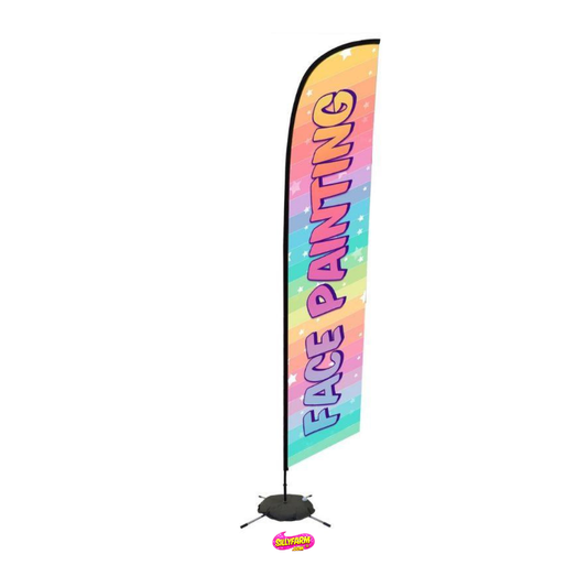 Colorful feather flag with 'FACE PAINTING' text on a white background