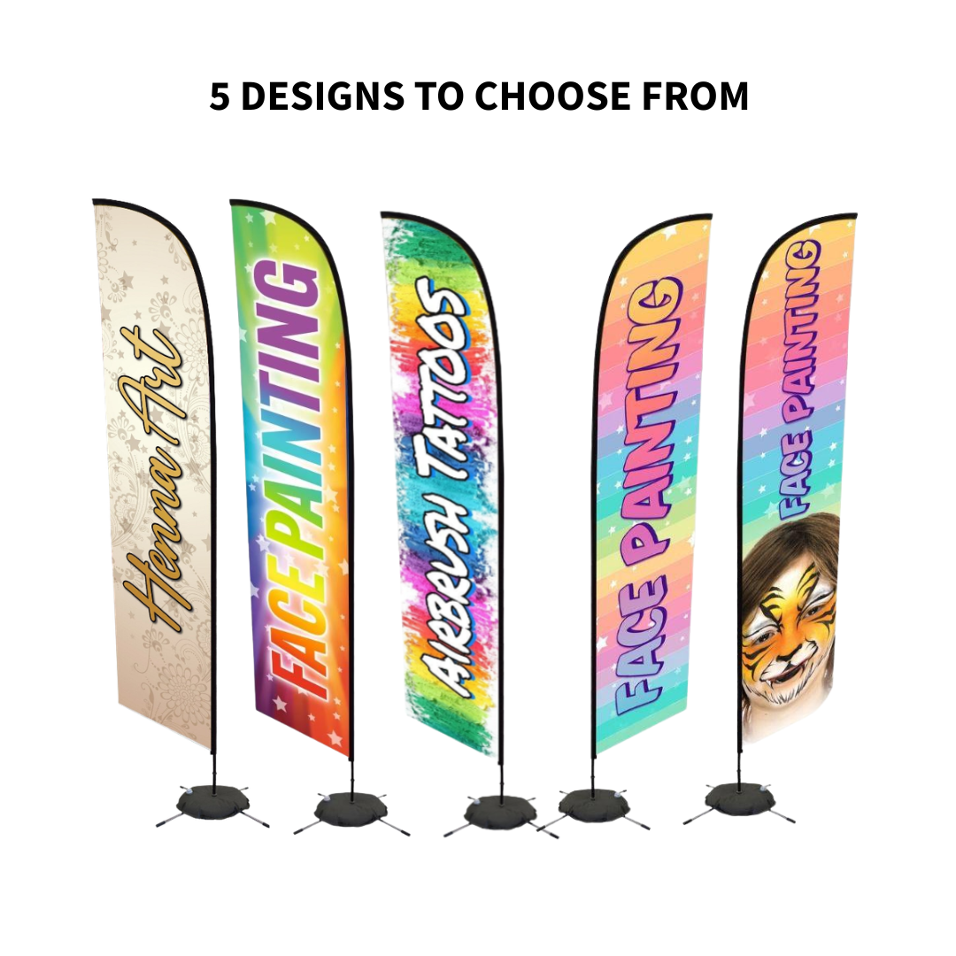 Five professional event flag banner display designs shown with complete hardware kits, including pole, base, and weight bag. Designs include Henna Art, Face Painting, Airbrush Tattoos, Rainbow Face Painting, and Face Painting with face designs. Text reads "5 Designs to Choose From." White background.