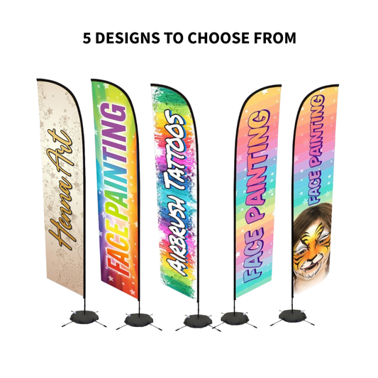 Five professional event flag banner display designs shown with complete hardware kits, including pole, base, and weight bag. Designs include Henna Art, Face Painting, Airbrush Tattoos, Rainbow Face Painting, and Face Painting with face designs. Text reads "5 Designs to Choose From." White background.