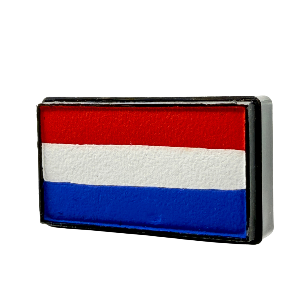 France Flag Arty Cake one-stroke face paint featuring blue, white, and red stripes in a rectangular cake, perfect for France soccer fan face paint, cheek flags, Les Bleus celebrations, and game day makeup.