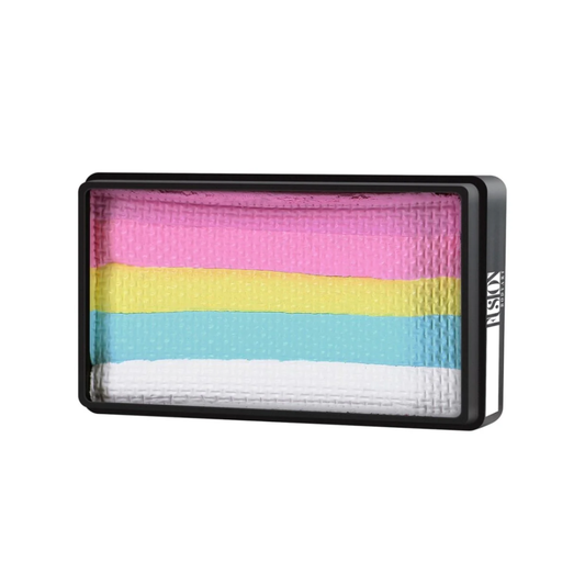 cotton candy themed striped face paint makeup in a black container on a white background