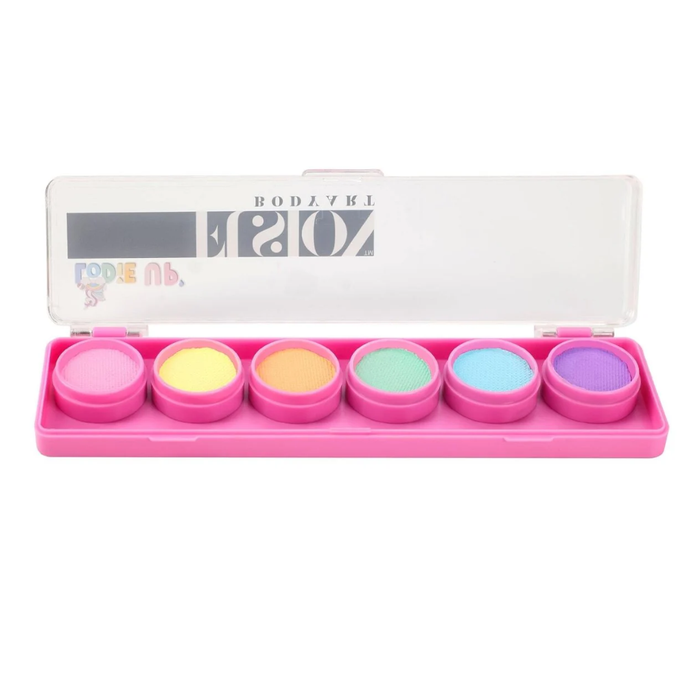 pink pastel face paint palette with 6 pastel color wells of face paint on a white background