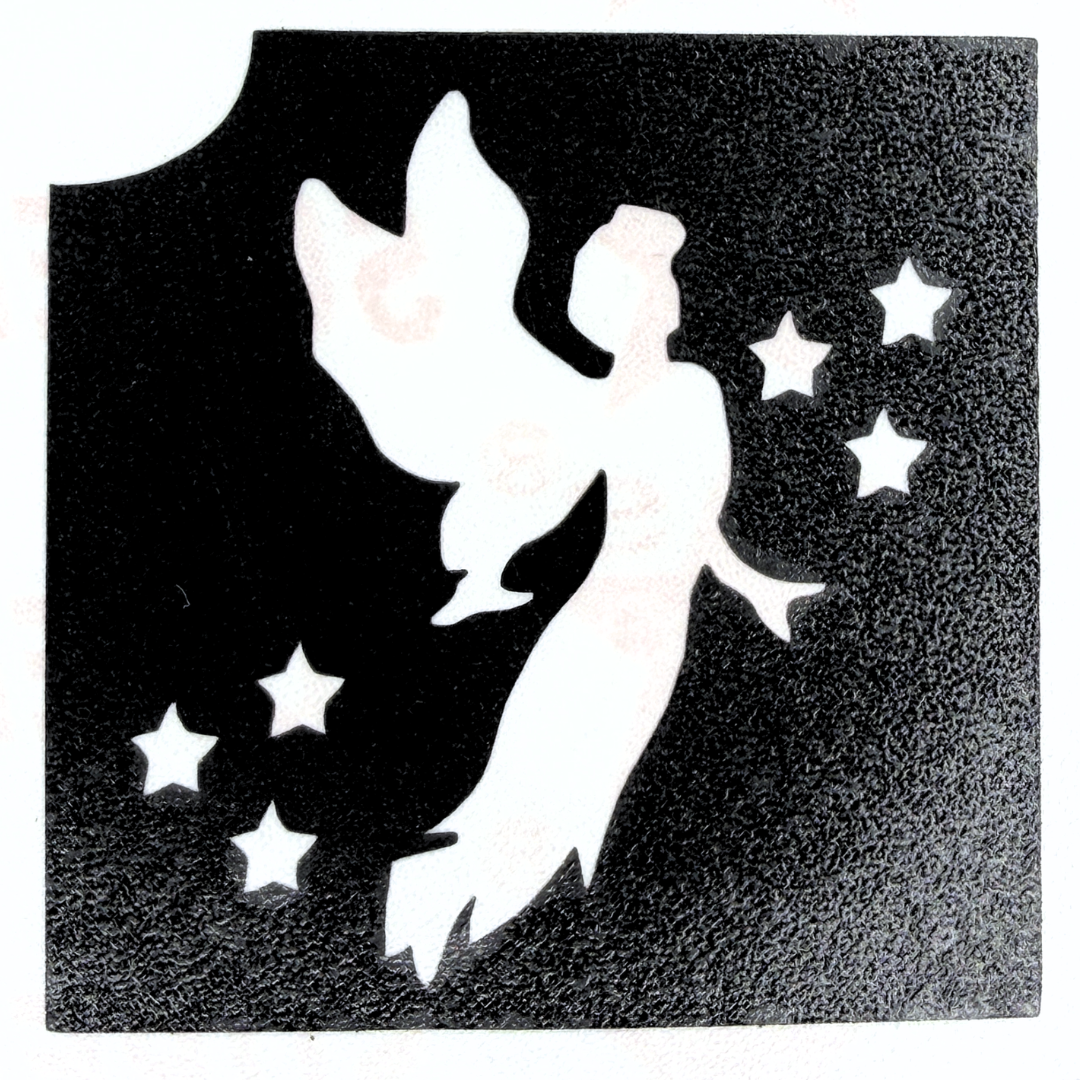 Angel glitter tattoo stencil with stars by Glimmer Body Art for creating professional glitter tattoos.