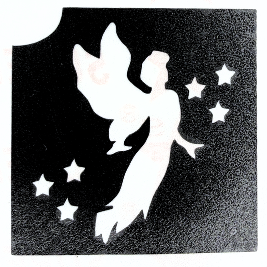 Angel glitter tattoo stencil with stars by Glimmer Body Art for creating professional glitter tattoos.