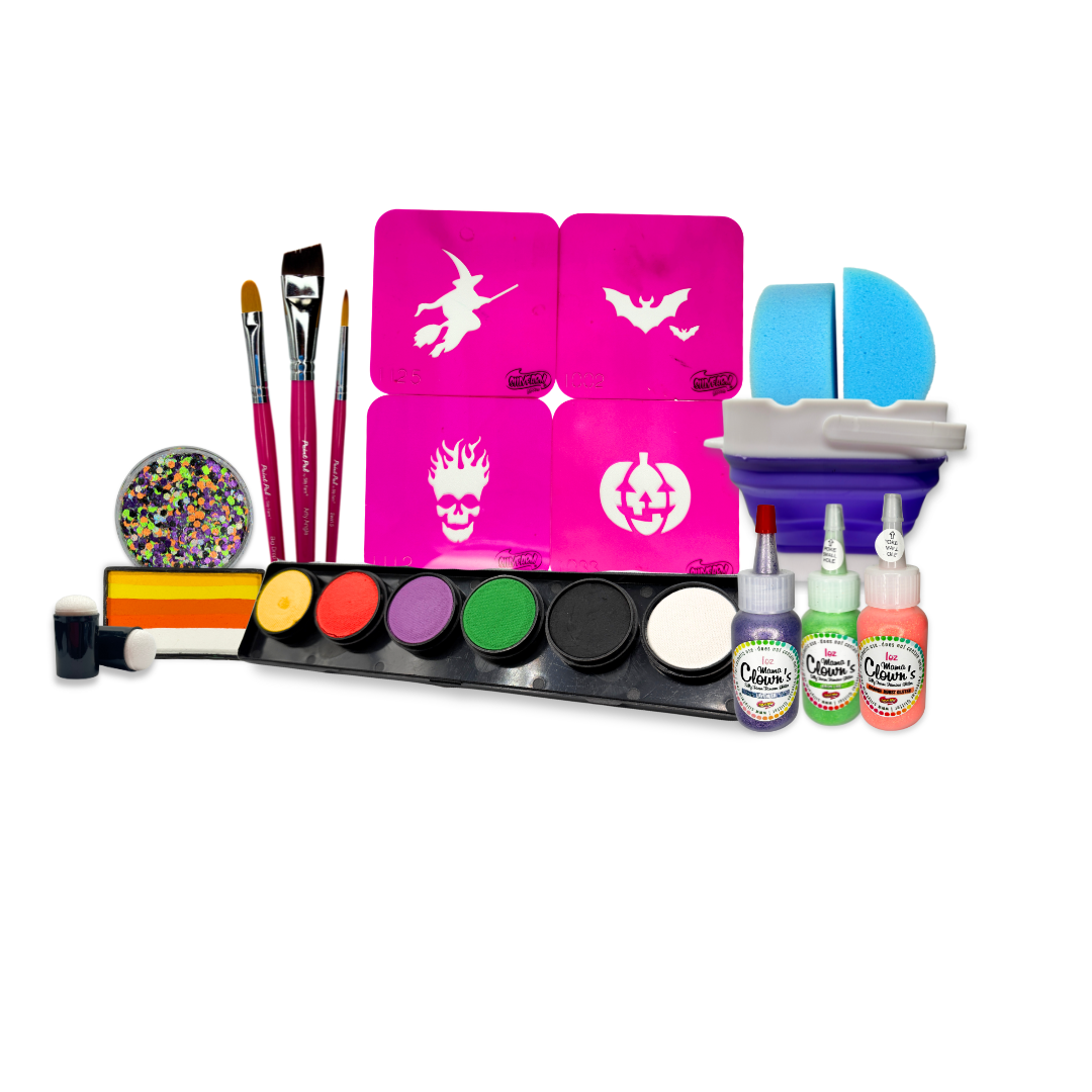 A Halloween-themed face paint kit with stencils, paintbrushes, a color wheel, face paint pots, glitter, and three bottles of face paint on a white background.
