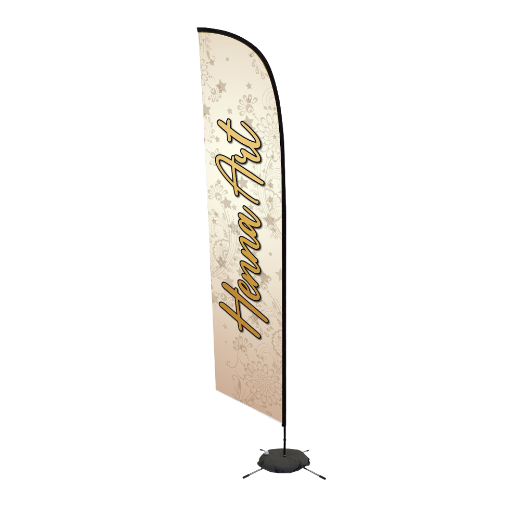 Henna Art event flag banner featuring elegant script lettering on a decorative beige floral background. Display shown assembled with pole, base, and water weight bag