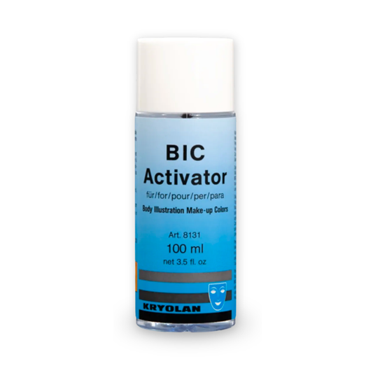 A 100 ml bottle of Kryolan BIC Activator body illustration make-up colors, featuring a light blue label with black text and a white cap, set against a plain white background.