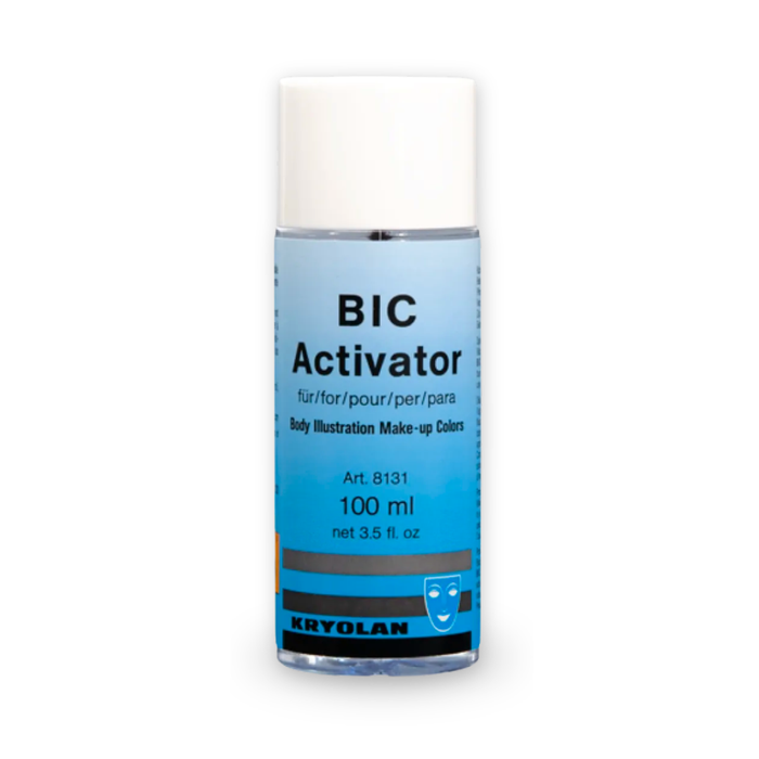 A 100 ml bottle of Kryolan BIC Activator body illustration make-up colors, featuring a light blue label with black text and a white cap, set against a plain white background.