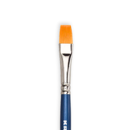 A flat brush paintbrush with a blue handle, silver ferrule, and orange bristles, shown vertically against a plain white background.