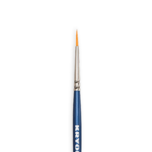 A single fine paint brush with a blue handle, silver ferrule, and orange bristles, shown vertically on a plain white background. 
