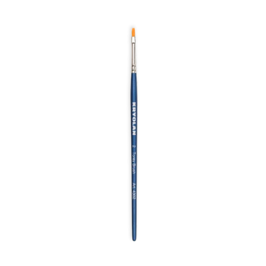Kryolan Torey Flat Brush 2 with orange synthetic bristles, silver ferrule and blue handle.