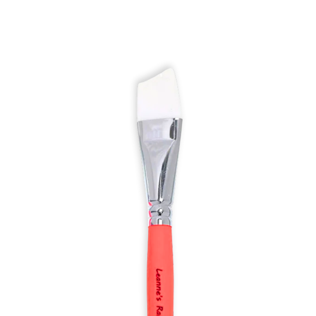 A single flat brush with a white nylon bristle, a shiny silver metal ferrule, and a coral-red handle, shown vertically against a plain white background. 