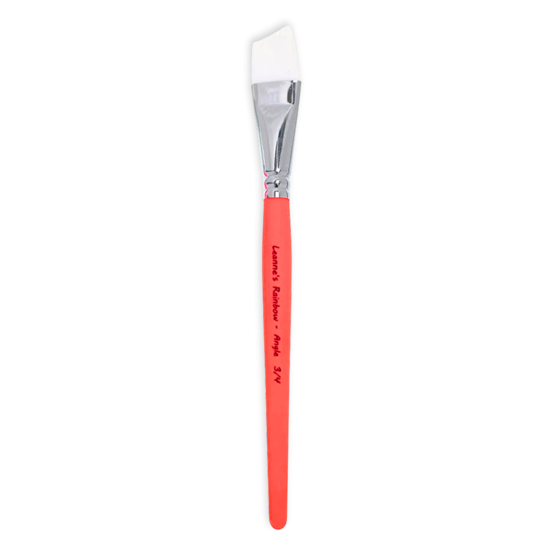 A single flat paint brush with a bright coral-red handle, silver ferrule, and white bristles, shown vertically on a plain white background. 