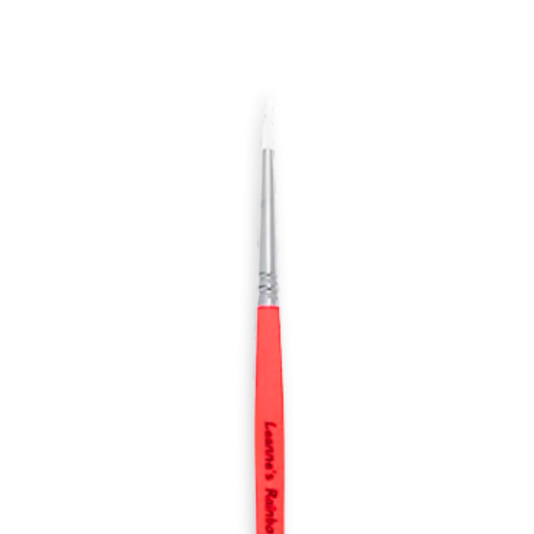 A fine detail paint brush with a bright red handle, silver ferrule, and white bristles, shown vertically against a plain white background.