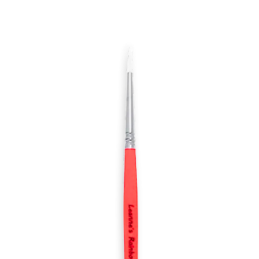 A fine detail paint brush with a bright red handle, silver ferrule, and white bristles, shown vertically against a plain white background.