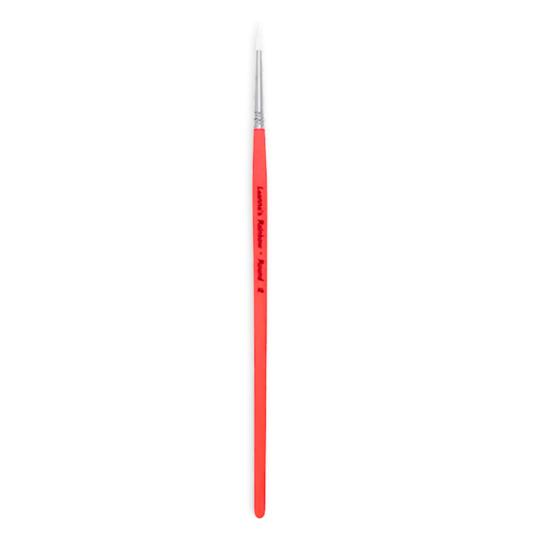 A fine detail paint brush with a bright red handle, silver ferrule, and white bristles, shown vertically on a plain white background.