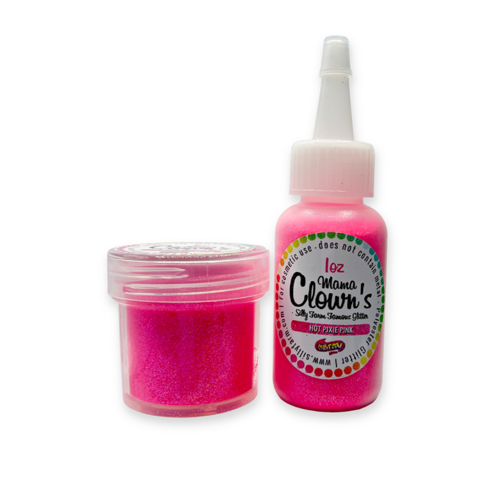 Jar and bottle filled with hot pink glitter on a white background
