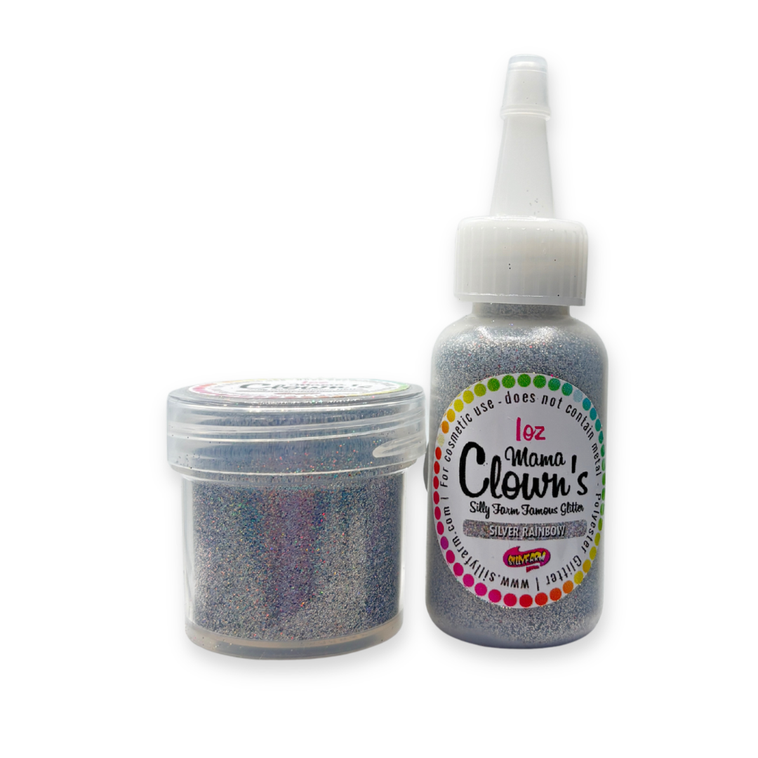 Silver glitter jar and bottle with Mama Clown's label on a white background