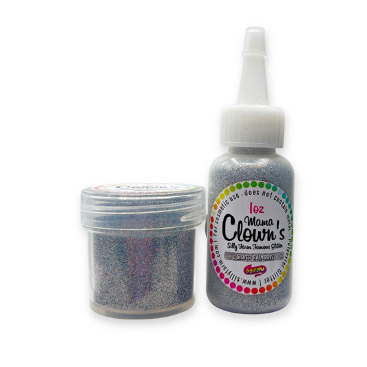 Silver glitter jar and bottle with Mama Clown's label on a white background
