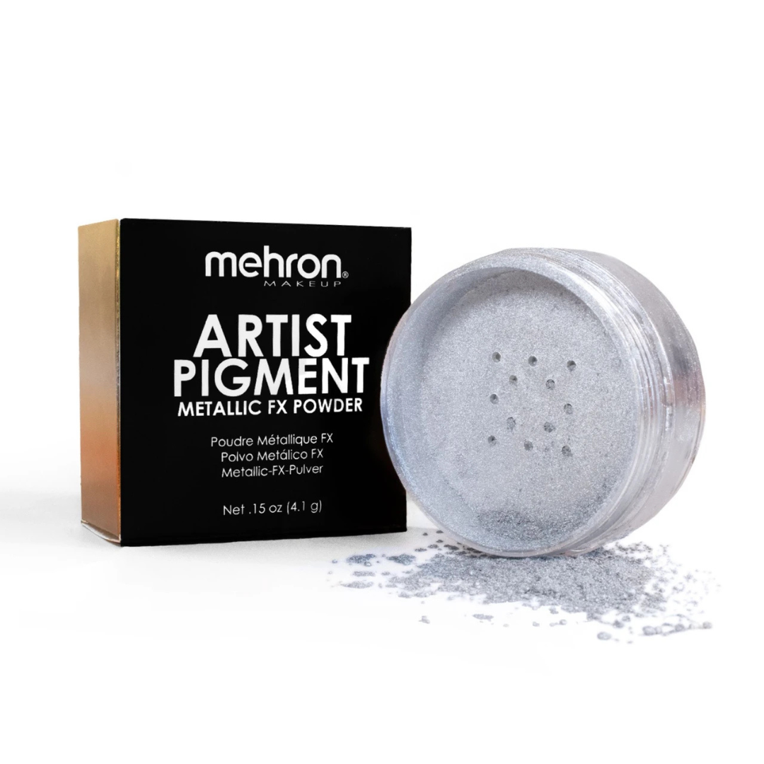 Mehron Artist Pigment Metallic FX Powder Silver 0.15 oz (4.1g) reflective silver loose makeup pigment with jar and packaging for body painting and SFX.