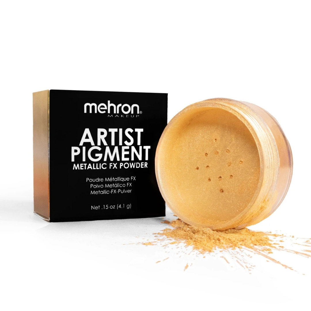 Mehron Artist Pigment Metallic FX Powder White Gold 0.15 oz (4.1g) luminous champagne gold loose makeup pigment for fantasy makeup and shimmering body art.