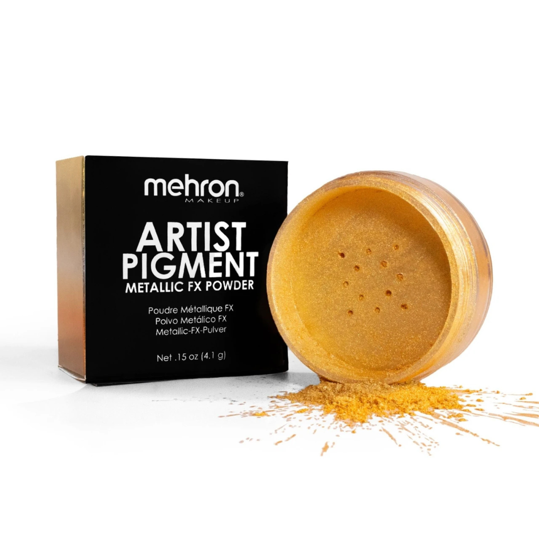 Mehron Artist Pigment Metallic FX Powder Yellow Gold 0.15 oz (4.1g) shimmering golden loose pigment for metallic body art, theatrical makeup, and cosplay.