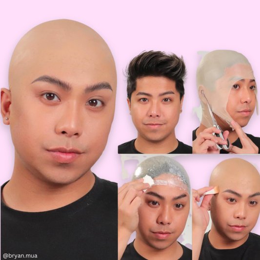 A five-panel collage showing a man demonstrating the application and removal of a realistic bald hairpiece or wig. The main panel on the left shows the completed bald look, while the other panels show steps including applying a transparent cap, removing the outer cap, and cleaning the scalp.