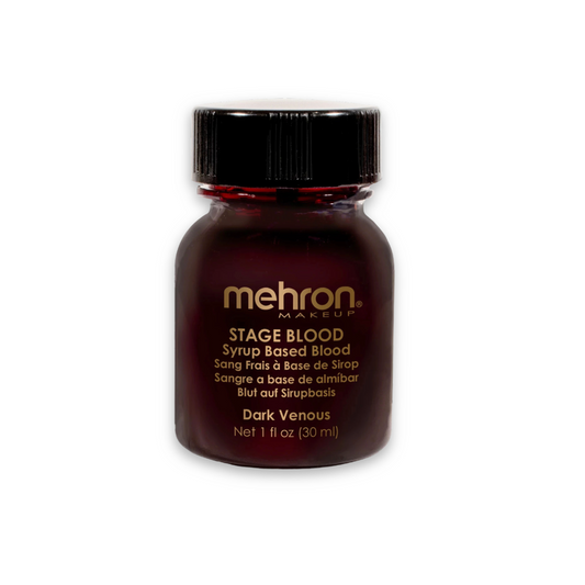 Mehron Stage Blood Dark Venous 1 oz (30 ml) dark red syrup-based fake blood in a bottle for realistic Halloween makeup, theatrical wounds, and SFX gore effects.