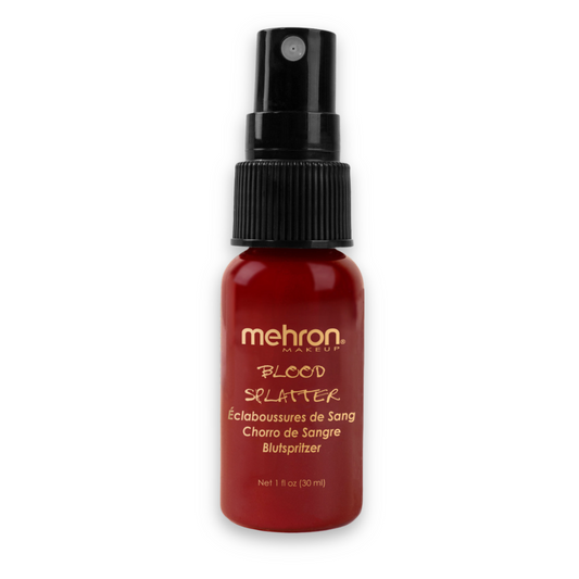 Mehron Blood Splatter Fake Blood Spray 1 oz (30 ml) in red spray bottle for realistic Halloween makeup, special effects, and theatrical blood splatter.