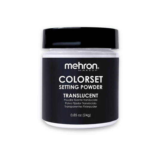 Mehron Colorset Setting Powder Translucent 0.85 oz (24g) color-free talc-free makeup powder for setting cream makeup and body paint.