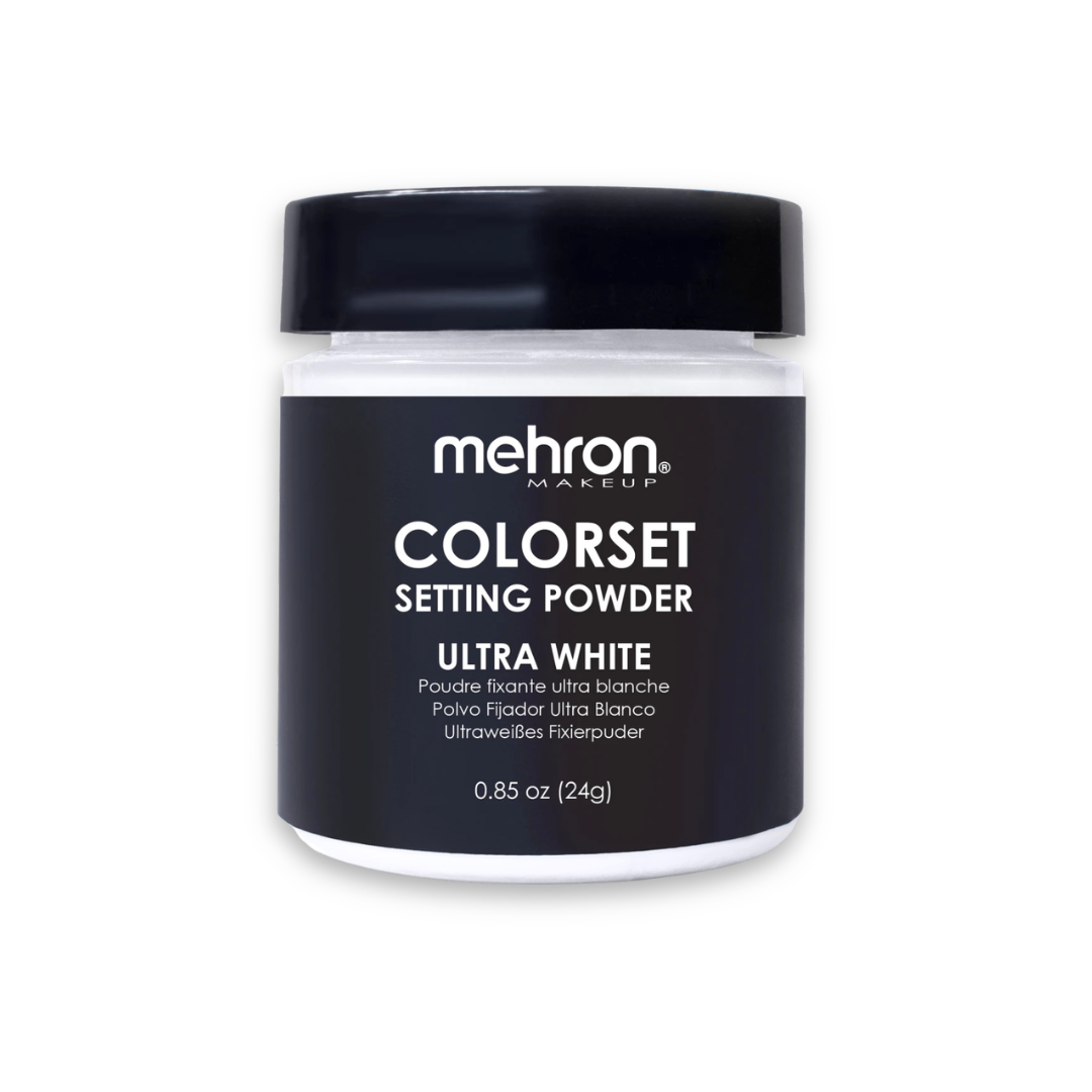 Mehron Colorset Setting Powder Ultra White 0.85 oz (24g) talc-free white makeup setting powder for theatrical makeup, cosplay, and SFX.