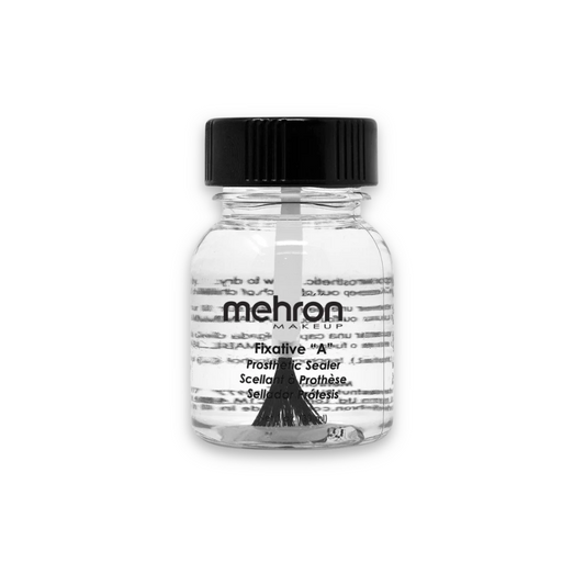 Mehron Fixative A Prosthetic Sealer 1 oz (30 ml) clear liquid SFX makeup sealer in glass bottle with brush applicator for Scar Wax and SynWax.