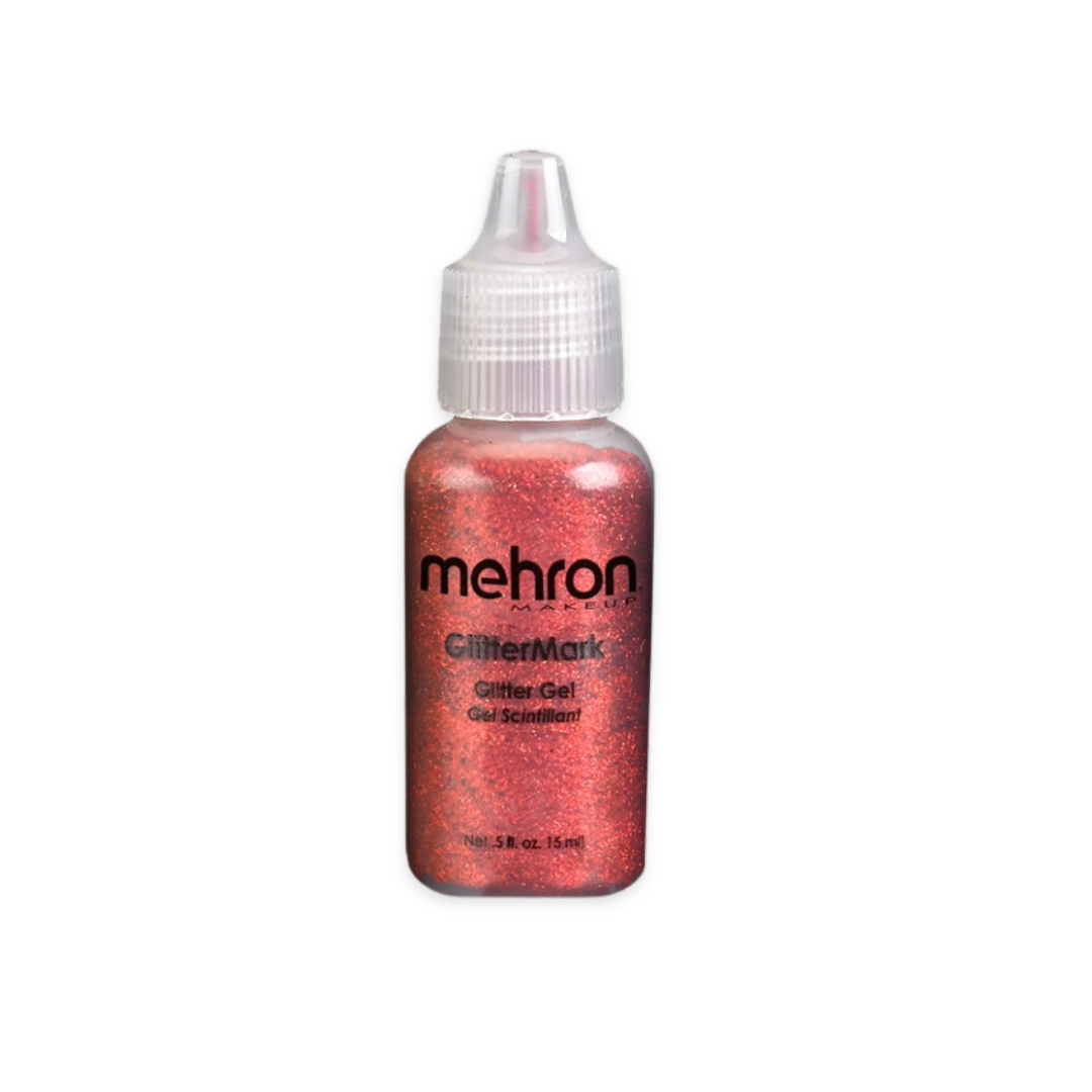 Mehron GlitterMark Red glitter gel in a 0.5 oz squeeze bottle with precision applicator tip for detailed face and body painting.
