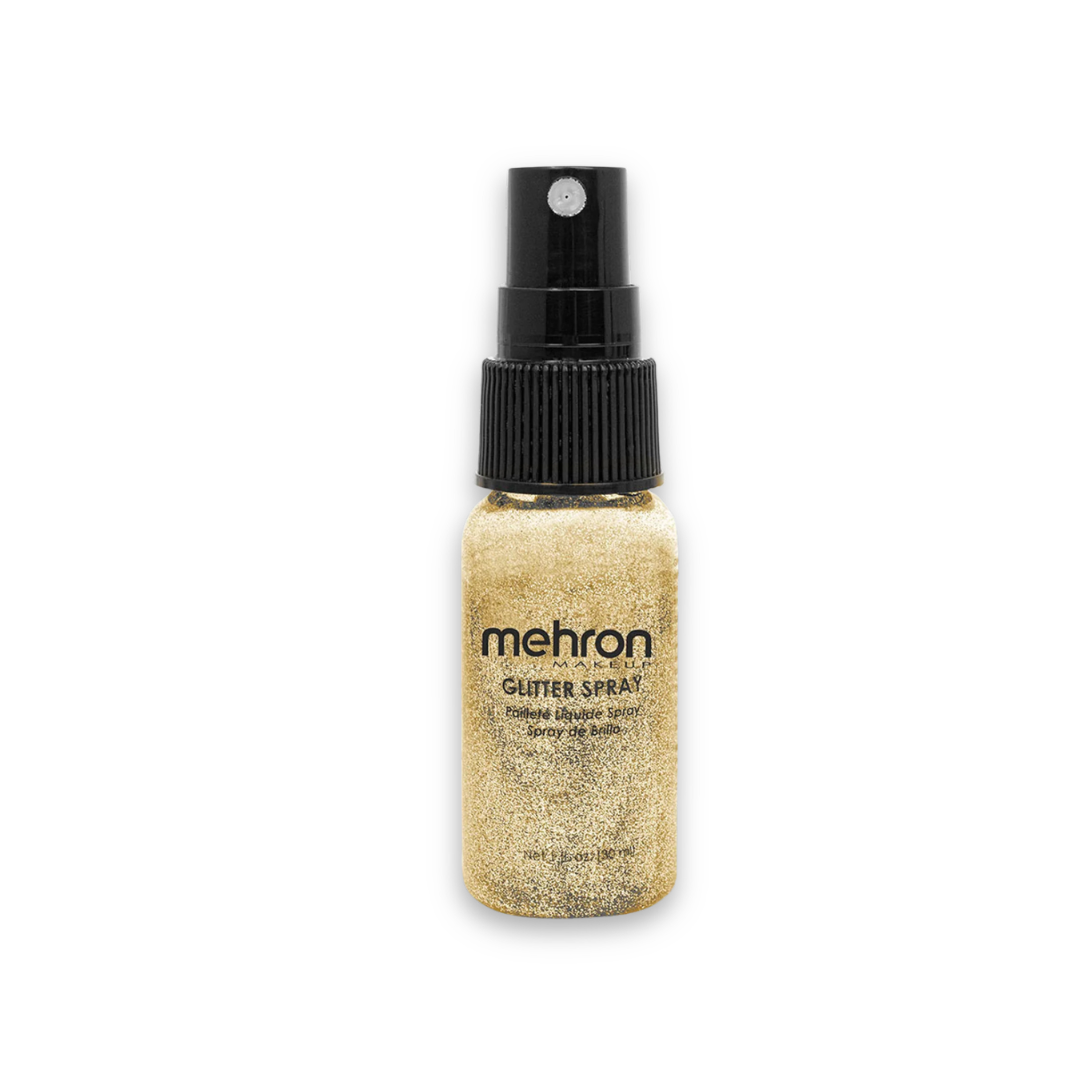 Mehron GlitterSpray Gold 1 oz (30 ml) fine gold glitter makeup spray for face, body, hair, costumes, and festival makeup.