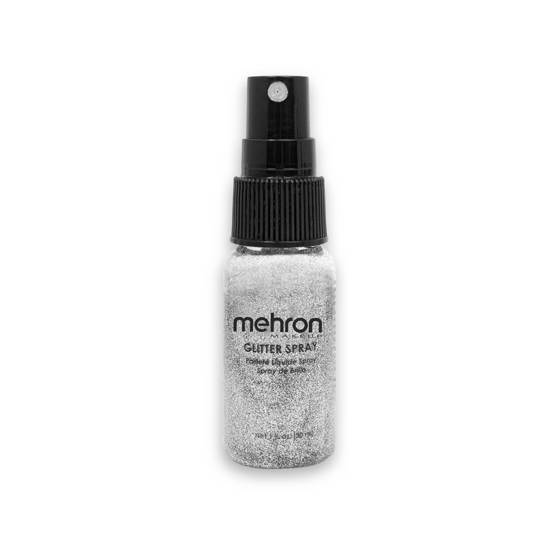 Mehron GlitterSpray Silver 1 oz (30 ml) fine silver glitter makeup spray for face painting, body art, hair, and theatrical makeup.