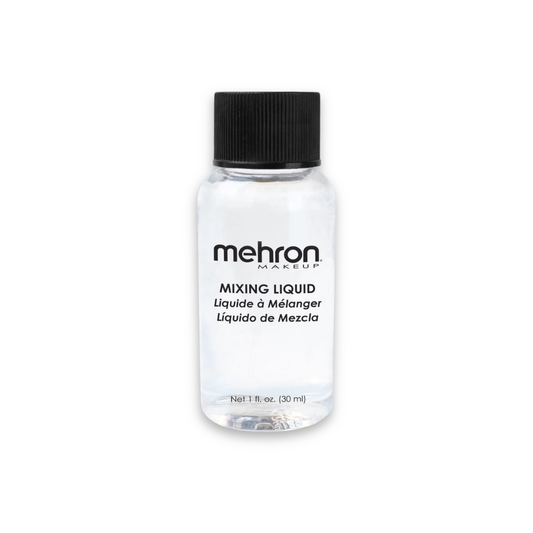 A bottle of Mehron Makeup Mixing Liquid on a white background. The bottle is clear plastic showing the liquid inside, has a black cap, and black text on the front. 1oz bottle.